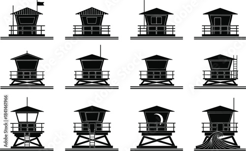 Lifeguard tower silhouettes, beach safety icons, coastal watch structures, minimalist lifeguard huts, ocean rescue posts, black vector lifeguard designs