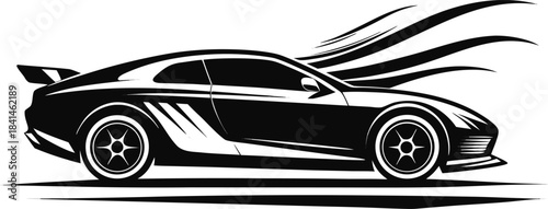Black silhouette sports car with abstract motion lines