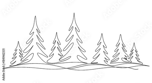 Simple continuous line drawing of multiple evergreen trees in a natural landscape
