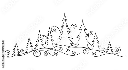 Whimsical Forest Border with Stylized Trees and Playful Swirls