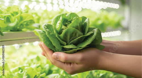 Close-up of Hand Holding Fresh Green Hydroponic Lettuce Grown under LED Grow Lights in a Vertical Farm