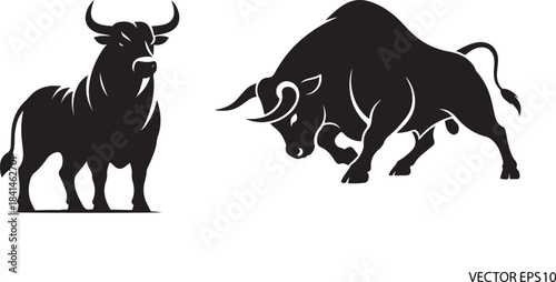 PrintTwo powerful black bulls facing each other in silhouette
