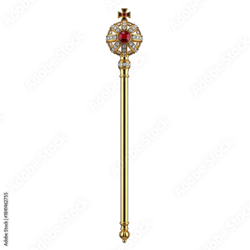 Ornate gold scepter with red gemstone and clear stones isolated on a transparent background