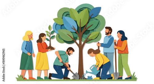 Group of Diverse People Planting a Small Tree in the Ground, Concept of Environmental Conservation and Teamwork