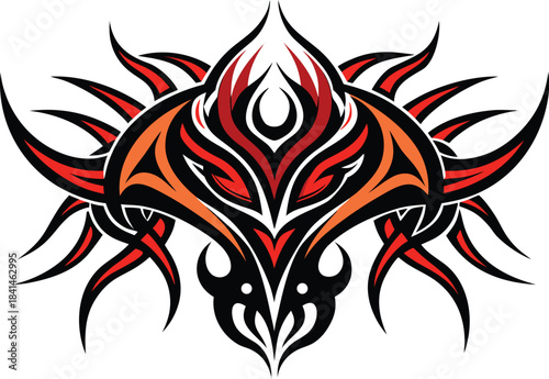 Symmetrical tribal with red orange and black tattoo