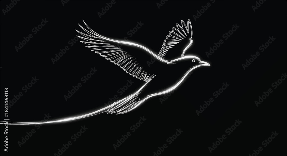 Obraz premium Detailed Minimalist Line Drawing of a Flying Bird on Dark Background