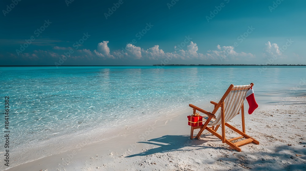 Naklejka premium Tropical Christmas concept features a wooden deck chair with a red stocking and gift box on a white sand beach facing the blue sea.