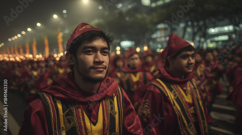 Devotees in traditional maroon garments marching in the early morning Black Nazarene religious procession