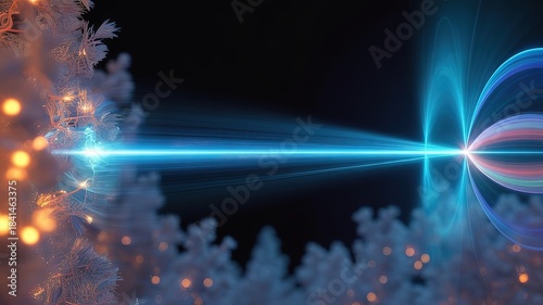 A radiant blue energy beam pierces through frosted flora, illuminating the dark cosmic background