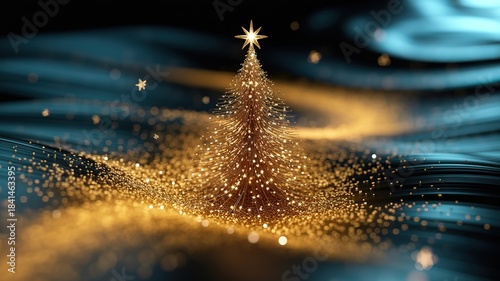 Golden Christmas tree adorned with shining lights and shimmering particles radiates holiday cheer