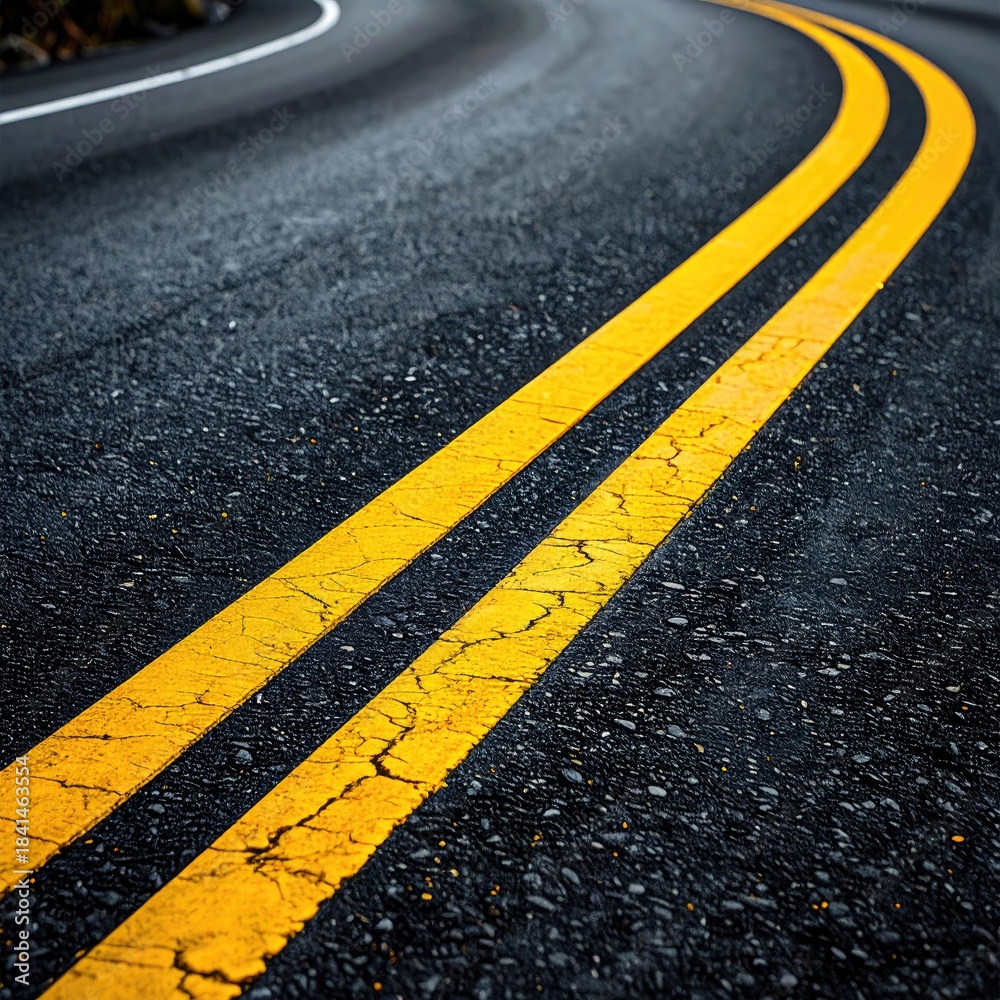 Fototapeta premium Close-up view of two yellow double lines on a dark asphalt road curving gently