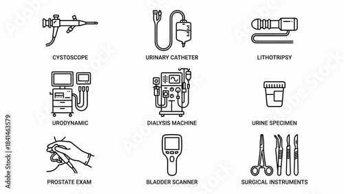Isometric Urology Icon Set: Medical Illustration of Urinary System Procedures and Equipment for Healthcare Visuals and Infographics