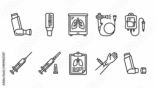 Isometric Healthcare and Respiratory Treatment Line Icons Set: Inhaler, Syringe, IV Drip, X-Ray, Nebulizer - Medical Supplies Vector Illustration