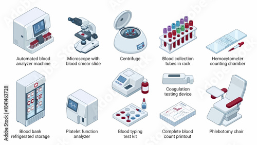Isometric Blood Analysis Medical Equipment Set: Automated Analyzer, Microscope, Centrifuge, Blood Bank, Phlebotomy Chair for Diagnostic Labs