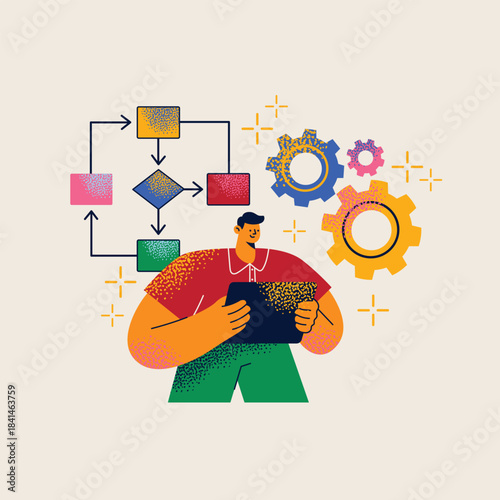 Business Process Optimization and Workflow Automation. Man Analyzing Complex System Flowchart, Decision Making, and Mechanism Cogwheels. Flat vector illustration.