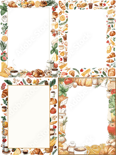 A decorative frame illustration made of bakery foods including bread pastries cakes and desserts arranged in a warm handcrafted style.