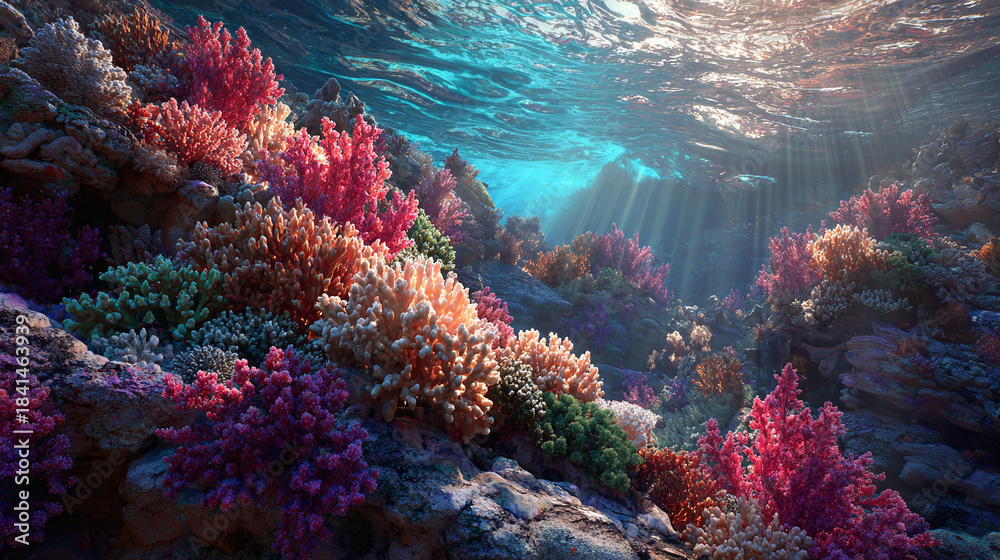 Obraz premium A vibrant underwater scene featuring colorful coral reefs illuminated by sunlight