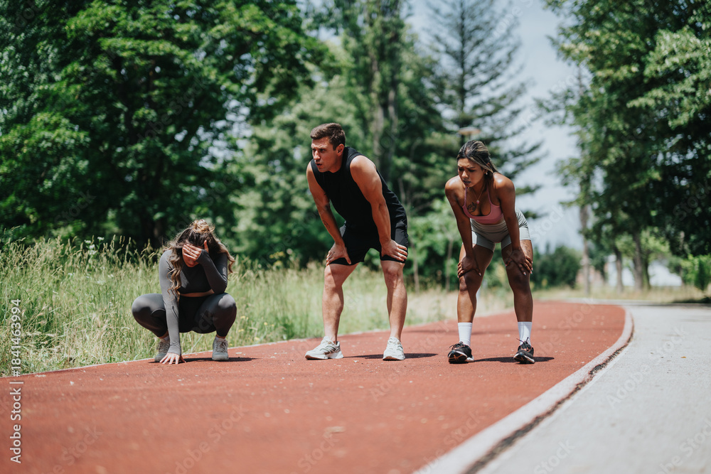 Obraz premium A group of three athletic individuals resting on a track outdoors, indicating exertion after running or exercising together, surrounded by greenery under a bright, sunny sky.