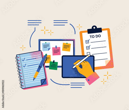 Goal Oriented Productivity, Planning, and Task Management. Digital Work Flow with To-Do List, Notes, and Strategy Board. Flat vector illustration. Workflow management concept