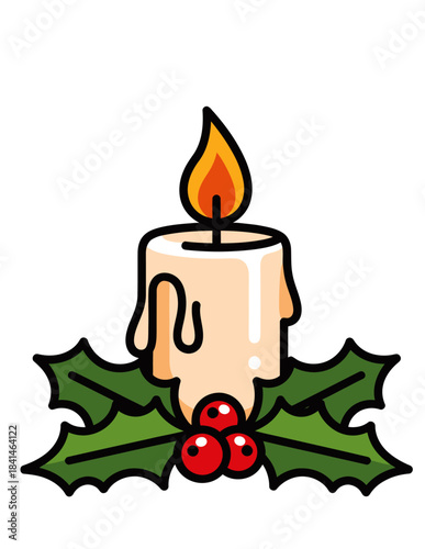 A lit candle surrounded by holly and berries, symbolizing the festive spirit of Christmas and holiday celebrations
