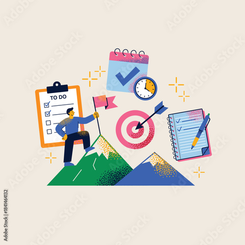 Successful Business Goal Achievement. Man Climbing Mountain to Flag, Surrounded by To-Do List, Target, Time Management, and Planning. Flat vector illustration. Planning and workflow management concept
