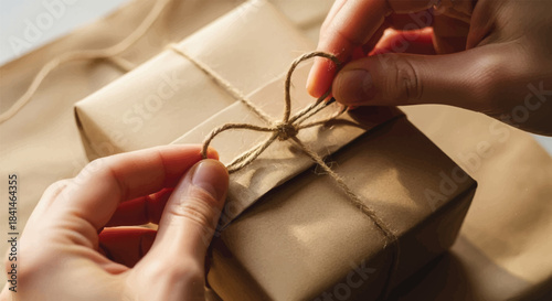 Close-up of Hands Tying a Heart Shape with Twine Around a Brown Kraft Paper Package or Gift Box