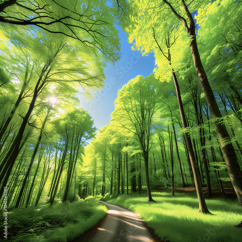 Forest Path to Sunlight: A serene forest scene unfolds, where a path meanders invitingly into the distance, framed by tall, vibrant green trees.