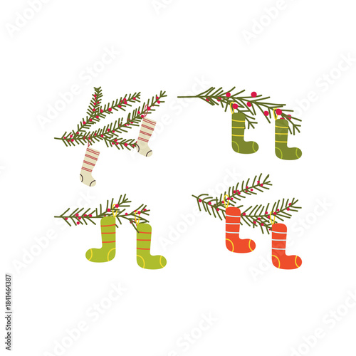 Sustainable Christmas vector illustration set with fir branch,  socks and light snow accents. Minimal hand drawn decor Christmas tree