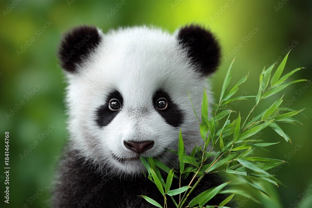 Fototapeta premium Young panda eats bamboo in a green forest setting