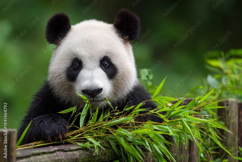 Obraz premium Panda eats bamboo in a green forest area