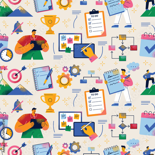 People planning and note taking seamless pattern, checklists, calendars, flowcharts, notes, target and trophy icons. Flat vector illustration. Productivity, planning and workflow management concept