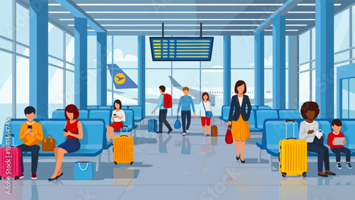 Diverse group of travelers waiting in a modern airport terminal with luggage and an airplane visible outside.