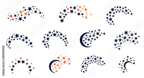 Curved crescents formed from scattered stars in blue and orange create festive decorative patterns on a white background.