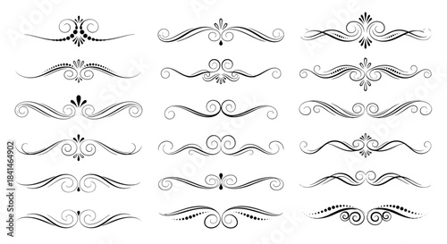 Ornamental divider flourishes and decorative scrollwork shown as a collection of elegant vector curves and motifs suitable for vintage borders.