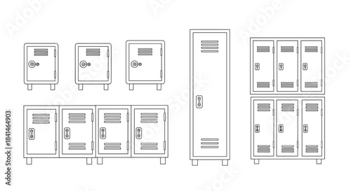Lockers and safes line up in a neat storage area showing different heights and door styles in a simple industrial setting for organized security and access.