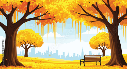 Autumn park scene with golden trees and a wooden bench overlooking a distant city skyline under a bright blue sky filled with crisp air and soft sun.
