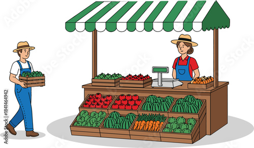 Friendly farmer's market stall with fresh organic fruits and vegetables being sold by a vendor to a neighboring farmer in a vector illustration
