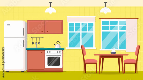 A cartoon illustration of a bright and clean kitchen interior with a refrigerator, stove, sink, cabinets, dining table, and chairs.