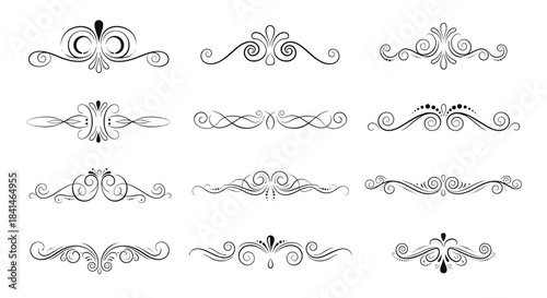 Collection of intricate black ornamental dividers featuring symmetrical scrollwork and decorative flourishes for elegant borders across invitations and designs.