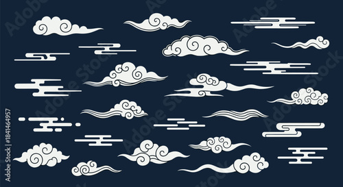 Decorative white clouds drift across a deep navy background in a traditional ornamental pattern of stylized scrolls with flowing lines and dream shapes.