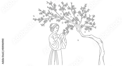 Woman in traditional attire tends to a blossoming tree in a quiet garden as petals drift down and the line of branches curves gracefully above her.