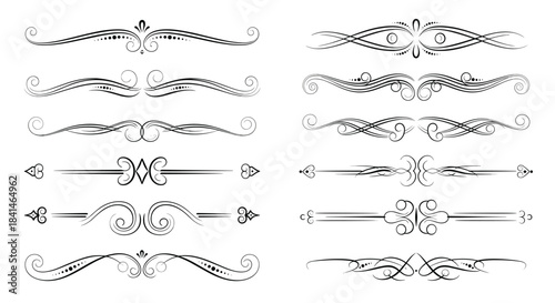 Collection of elegant decorative dividers and flourishes for borders and typography designs in vintage black line art style suitable for invitations certificates editorial layouts.