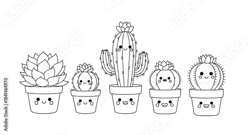Five cute potted succulents and cacti with smiling faces stand in a neat row in white pots creating a charming playful garden friends scene.