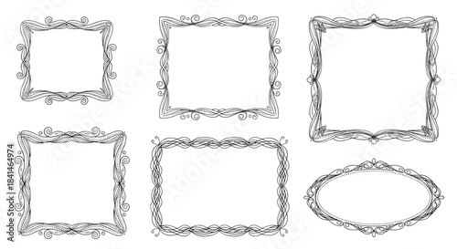 Six decorative hand drawn picture frames form a vintage collection with ornate borders in black and white arranged in two rows and a standalone oval frame.