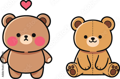Cute cartoon teddy bears with heart and stitched details in adorable kawaii style vector illustration for kids and decor