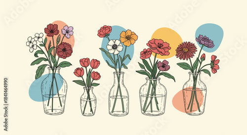 vintage illustration of several glass vases lined with colorful flowers and green stems arranged in a row against a soft pastel backdrop of abstract shapes.