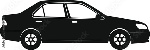 Black silhouette of a sedan car on white background
