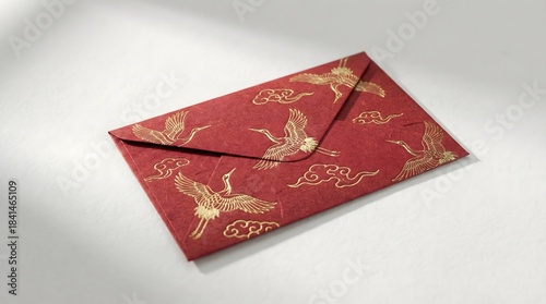 Red Envelope with Gold Cranes and Cloud Patterns for Lunar New Year