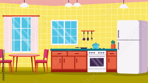 A brightly lit cartoon kitchen with yellow tiled walls, a dining table, stove, and refrigerator.