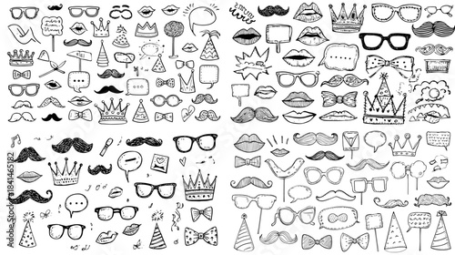 A large hand drawn icon set featuring doodle style symbols of fashion accessories, beauty items and lifestyle elements.